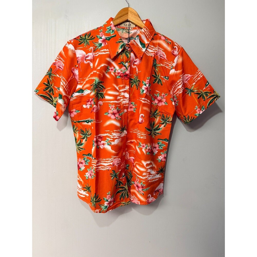 SSLR Womens Large Hawaiian Shirt Orange Flamingo Tropical Button Front NWT